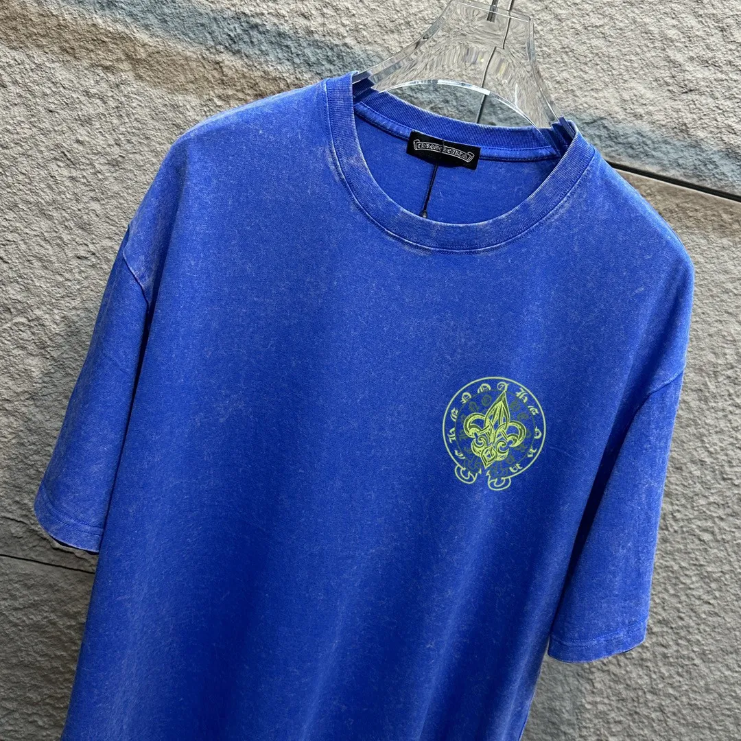 🅿️180 CH* Crow Heart* 2025 spring and summer new style Snowflake distressed washed retro round neck short sleeves Chest and front logo Horseshoe print on front and back Customized fabric Short-sleeved T-shirt Unisex Size: S M L XL XXL Color: Snowflake Black Snowflake Gray Snowflake Pink Snowflake Blue
